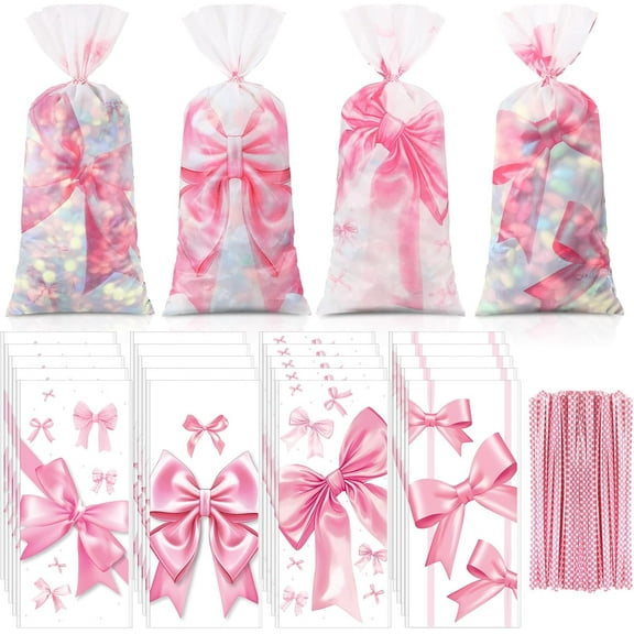 100 Pack Pink Bow Cellophane Bags Coquette Party Favor Bags Candy Treat Bags with 150 Twist Ties for Pink Wedding Birthday Christmas Party Favor Supplies (Elegant)
