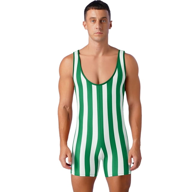 Zaldita Men's Striped Sleeveless Boxer Shorts Leotard Deep U Neck Racerback Slim Fit Rompers Green XL