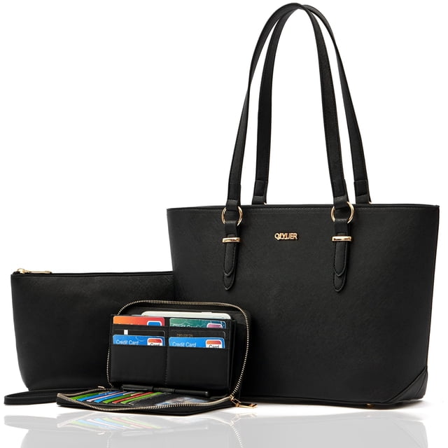 Set de monedero y cartera Qiyuer de piel sintética negro para mujer