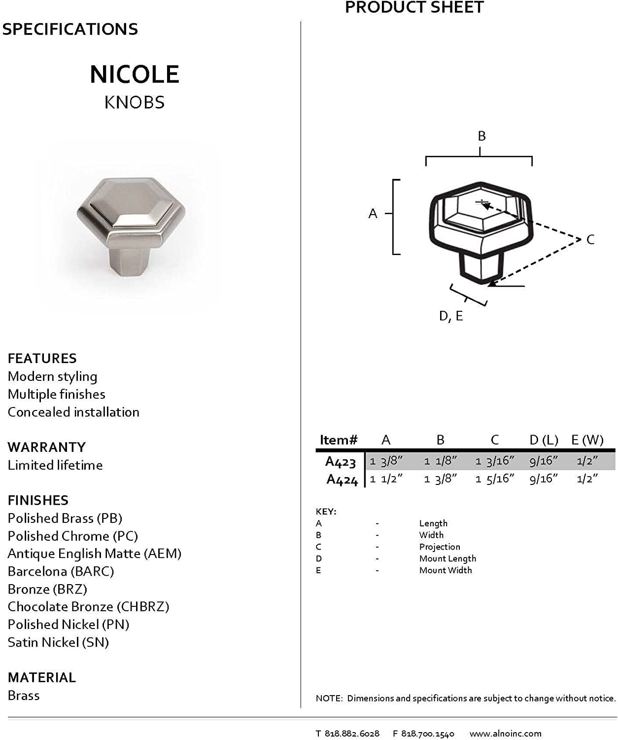 Alno A423-SN Nicole Cabinet Hexagon Knob Satin Nickel