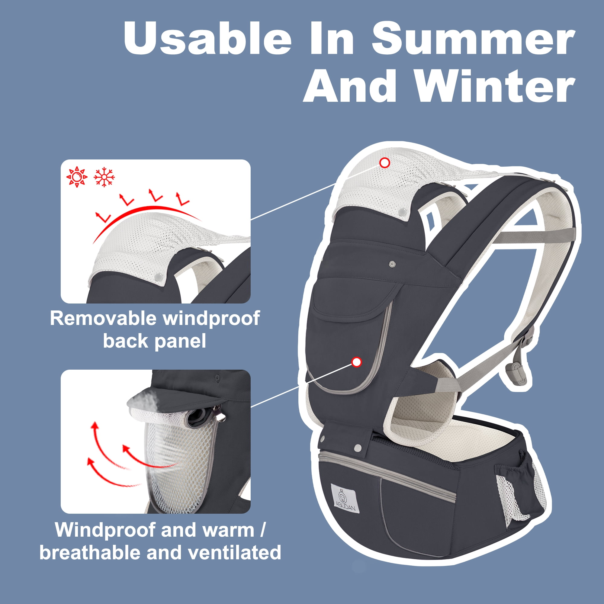 AGUDAN Baby Carrier with Hip Seat, 6 in 1 Ergonomic Unisex Waist Stool, 0-36 Months