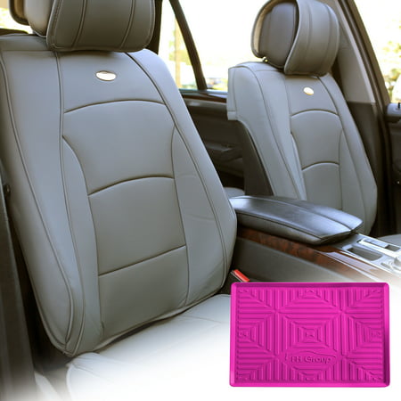 FH Group Solid Gray PU Leather Front Bucket Seat Cushion Covers for Auto Car SUV Truck Van with Hot Pink Dash Mat