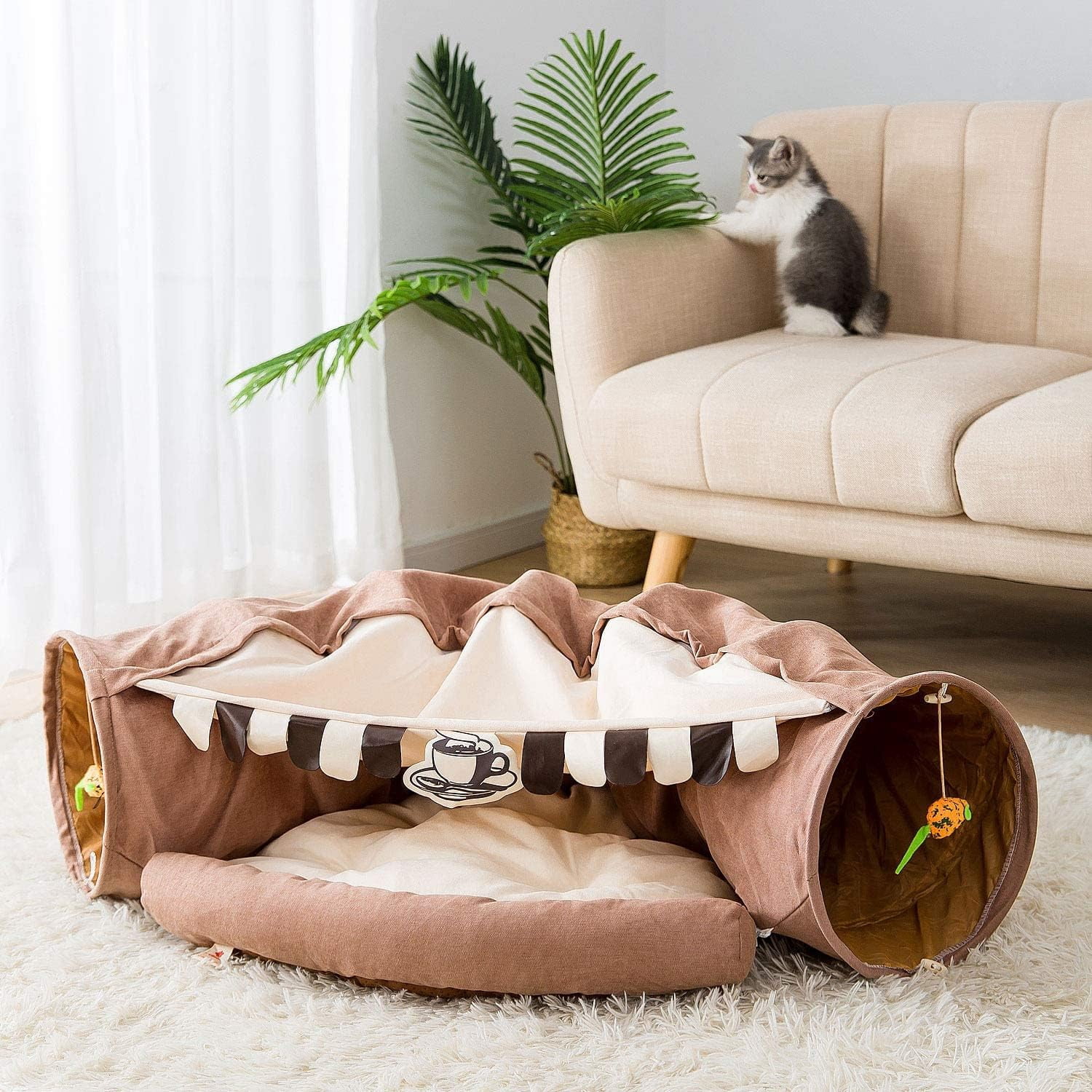 Cat Bed for Indoor, Cat Tube with Collapsible Washable Bed, Cat Tunnel, Premium Toy for Small Medium Large Cat.(Cafe)