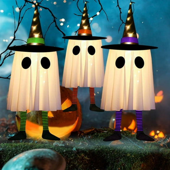 Clearance 2026 Set of 3 Halloween Hanging Ghosts Decor,Halloween Decorations Outdoor Hanging Ghosts with Witch Hat,Glowing Ghost Witch Hat Lights,Halloween Ghost Decor for Yard Patio Tree Outside