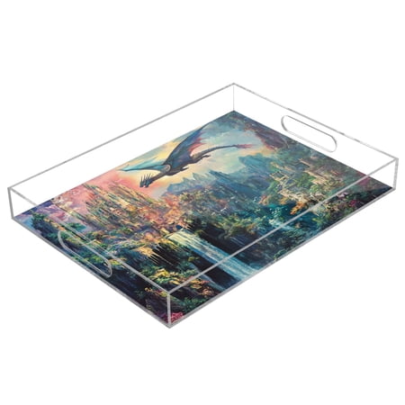 WOBOGO Magic Dragon Castle Acrylic Serving Trays 15.7x11.8 Inch Spill Proof Clear Decorative Organizer with Handle