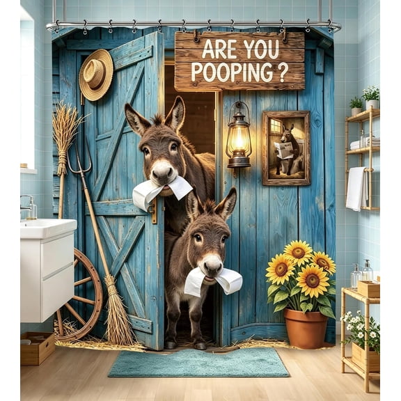 Funny Donkey Shower Curtain Farmhouse Wooden Door Animal Bathroom Decor with Hooks 71x71 inches