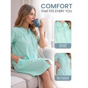 Casual Nights Women's Snap Front House Dress, Lightweight Short Sleeve Cotton-Poly Knit Duster Robe with Pockets, Mid-Calf, Striped Green Medium