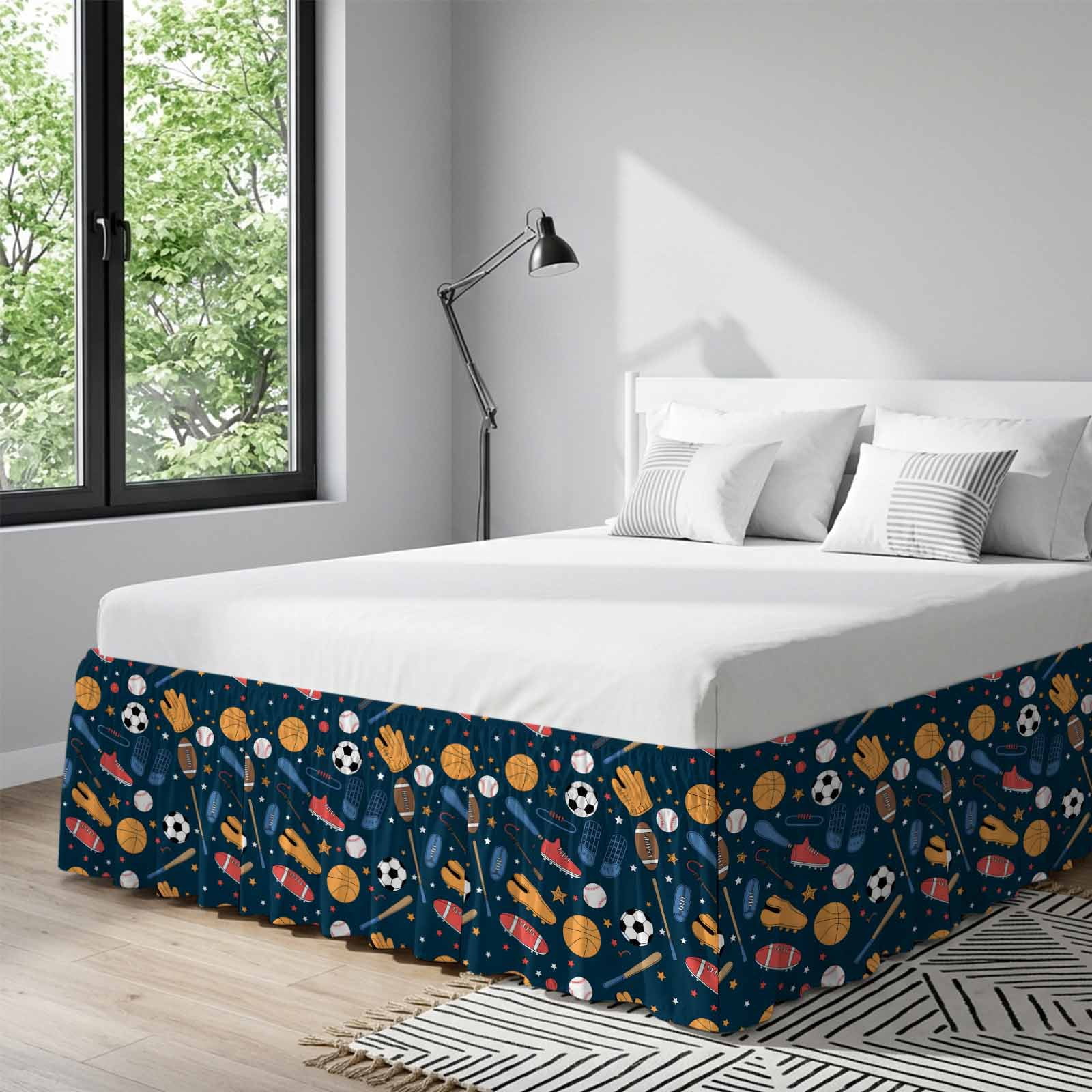 Sports Theme Bed Skirt Queen Size,Cartoon Soccer Baseball Basketball Star Blue Wrap Around Bed Skirting with Adjustable Elastic Strap,Dust Ruffle Pleated Bedskirts 16 Inch Drop for Bedroom Queen Beds