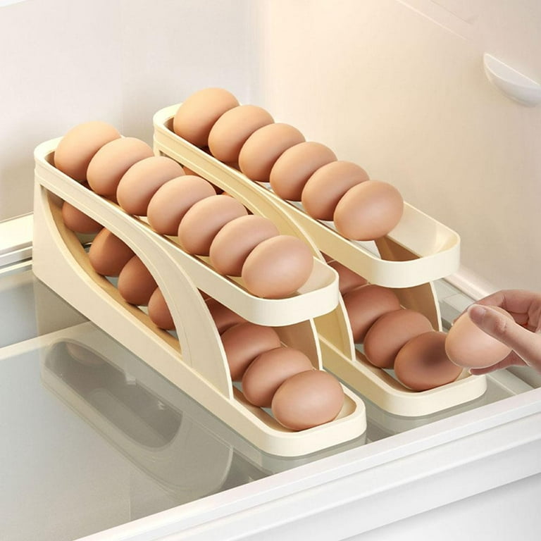 TUSGENK Egg Holder Dispenser, Double Rows Automatic Egg Roller Refrigerator  Rolling Eggs Storage with 2 Tier Space Saving Egg Tray For Refrigerator