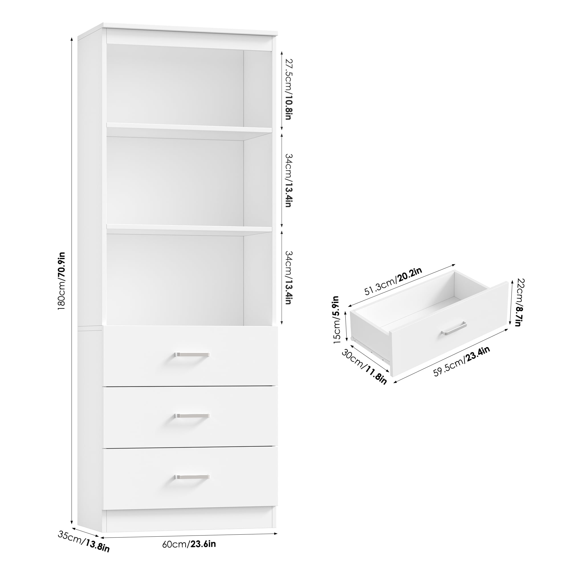 Homfa 71" Tall Bookcases with 3 Large Drawers, 3 Tier Wooden Storage Bookshelf for Living Room Home Office, White