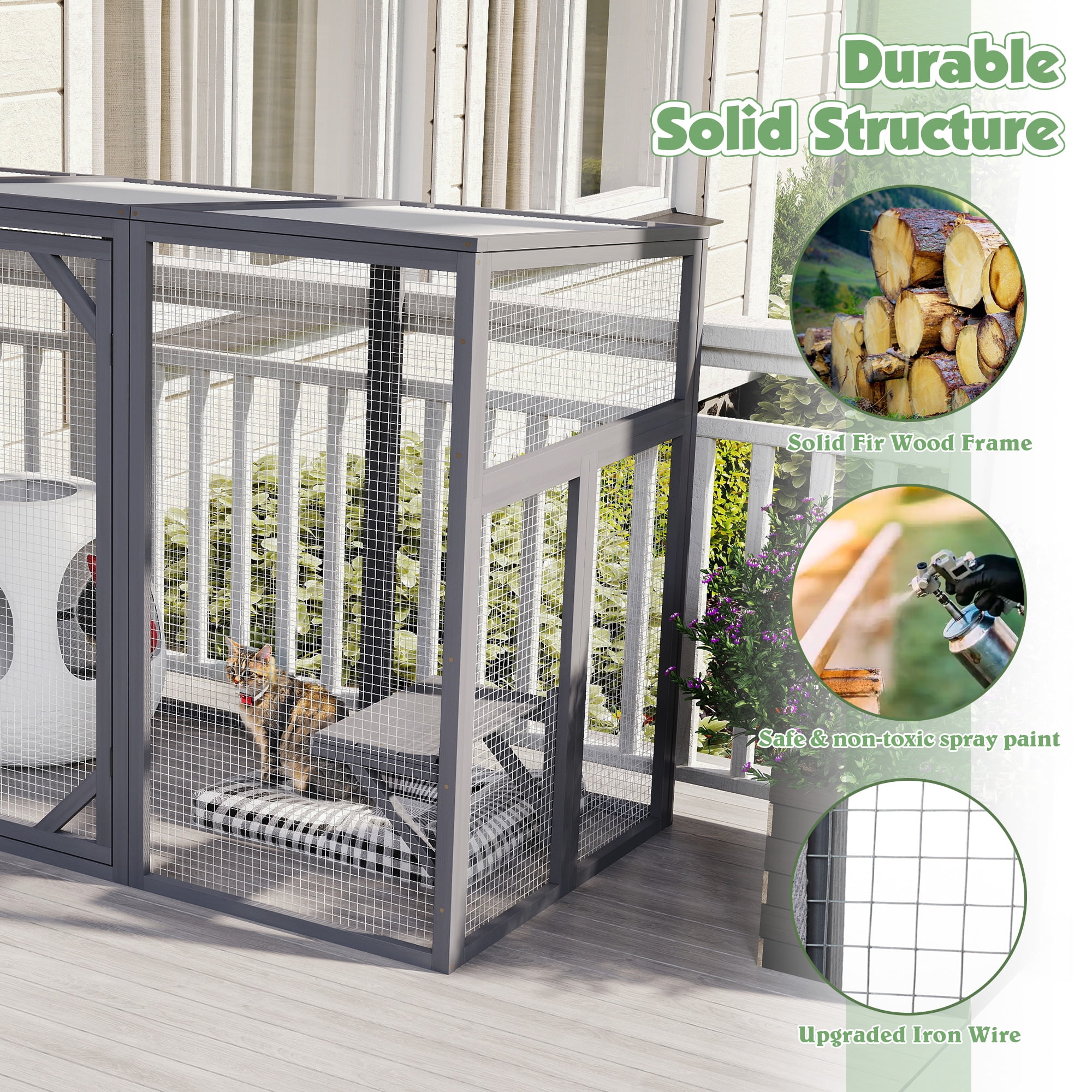 Coziwow 71" Large Catio Outdoor Cat Enclosure, Cat House for Multiple Cats Walk, Wooden Cat Cage with Waterproof Roof