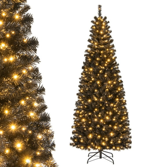 Topbuy 7ft Pre-lit Tree Hinged Artificial Pencil Tree w/ 818 PVC Branch Tips & 350 Warm White Lights