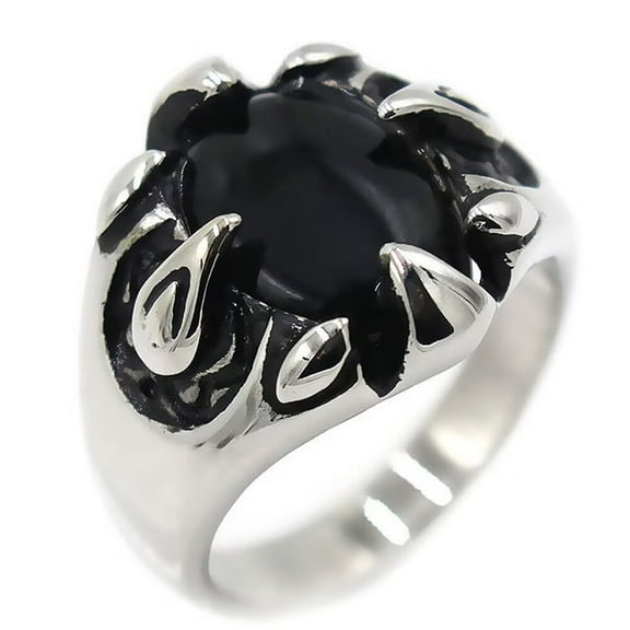 HIJONES Stainless Steel Big Oval Gemstone Claw Ring Antiqued Personalized Men Biker Band Black Size 11
