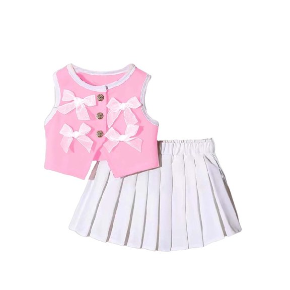 CYRBOKO Outfit Sets for Girls, Party Sleeveless Casual Elastic Waist Pleated Skirt Sets Pink Size 18-24 Months