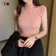 thumbnail image 3 of EIMELI Vente Chaude! Femmes'S T-Shirt Col Rond Demi-Col Roulé Solide Slim Coupe Côtelée Tricot Sans Manches Chemisier Basique Tops Rose, 3 of 7