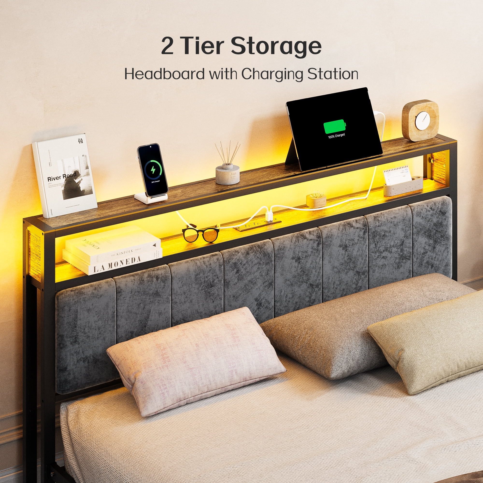OLEVS Queen Bed Frame with Headboard, LED Light, Type C & USB Charging Station
