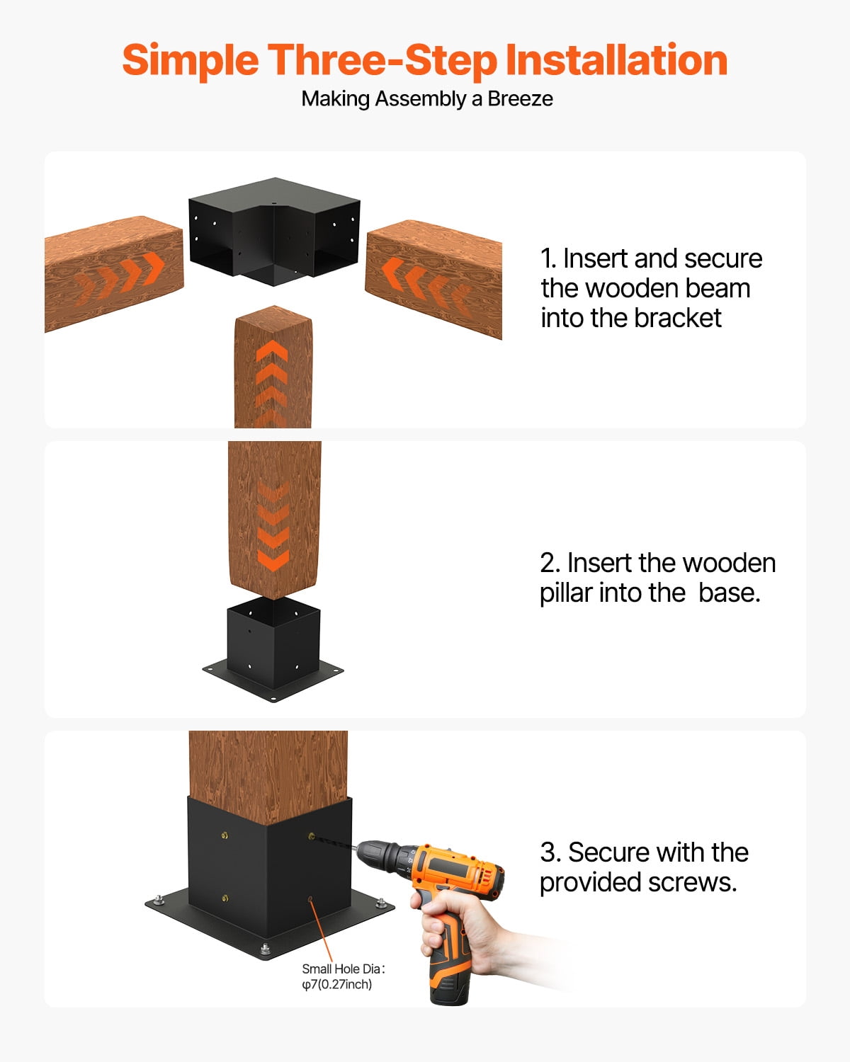 VEVOR Pergola Bracket Kit, 4x4 inch (Inner Size 3.5x3.5), 4 Pcs 3-Way Heavy Duty Corner Bracket Woodworks DIY Post Base Kit, Easy Installation Wooden Beams for Gazebos, Patio Pergolas, Log Cabin