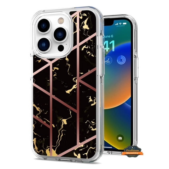 For Apple iPhone 14 Pro (6.1") Stylish Hybrid Fashion Marble Trendy Design Hard Back PC Shockproof TPU Protective Phone Case Cover by Xpression - Marble Black