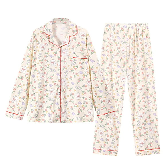 VISALY Womens Pajama Sets Cute Sleepwear Printed Set Long Sleeve Cardigan Button Down Pajamas Home Clothes Long Pants Matching Pajama Set Soft Nightwear Blue L