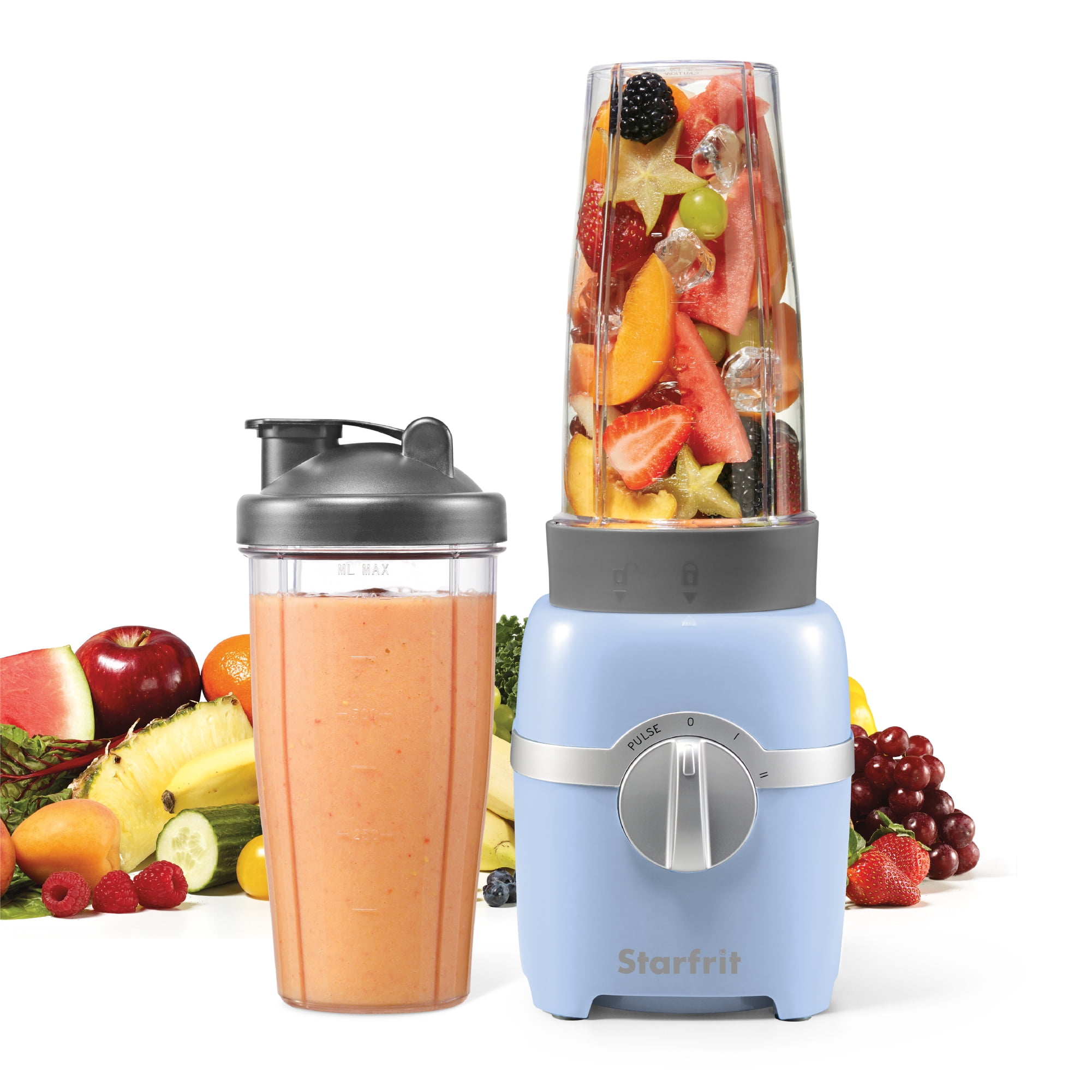 Starfrit Mélangeur Personnel 7 pièces : 2 gobelets de 828 ml (28 oz), 2 couvercles de voyage, 2 lames, 3 vitesses : Faible, Élevée et Pulse, 300 W Préparez smoothies, shakes et soupes facilement ! Le mixeur personnel Starfrit offre 300W, 3 vitesses, 2 gobelets avec couvercles et des fonctions de sécurité. Pièces lavables au lave-vaisselle et sans BPA pour un usage sûr et pratique.
