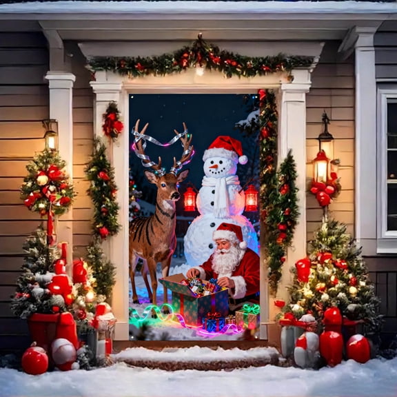 35 X 71 Inch Christmas Door Cover - Christmas Reindeer Santa Snowman Door And Wall Decoration - Festival Party Decoration