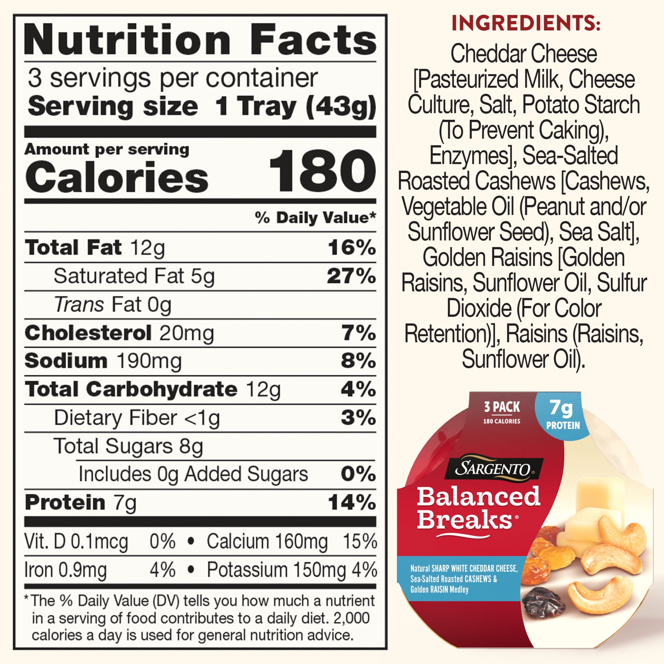 Sargento® Balanced Breaks® Sharp White Cheddar Cheese, Cashews & Golden Raisins Snack Kits