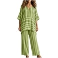 thumbnail image 2 of Women Summer Sets Ndbuld Women’s Fashion Pinstripe V- Neck Short Sleeve Elastic Waist Pocket Long Pants Sets Green L, 2 of 5