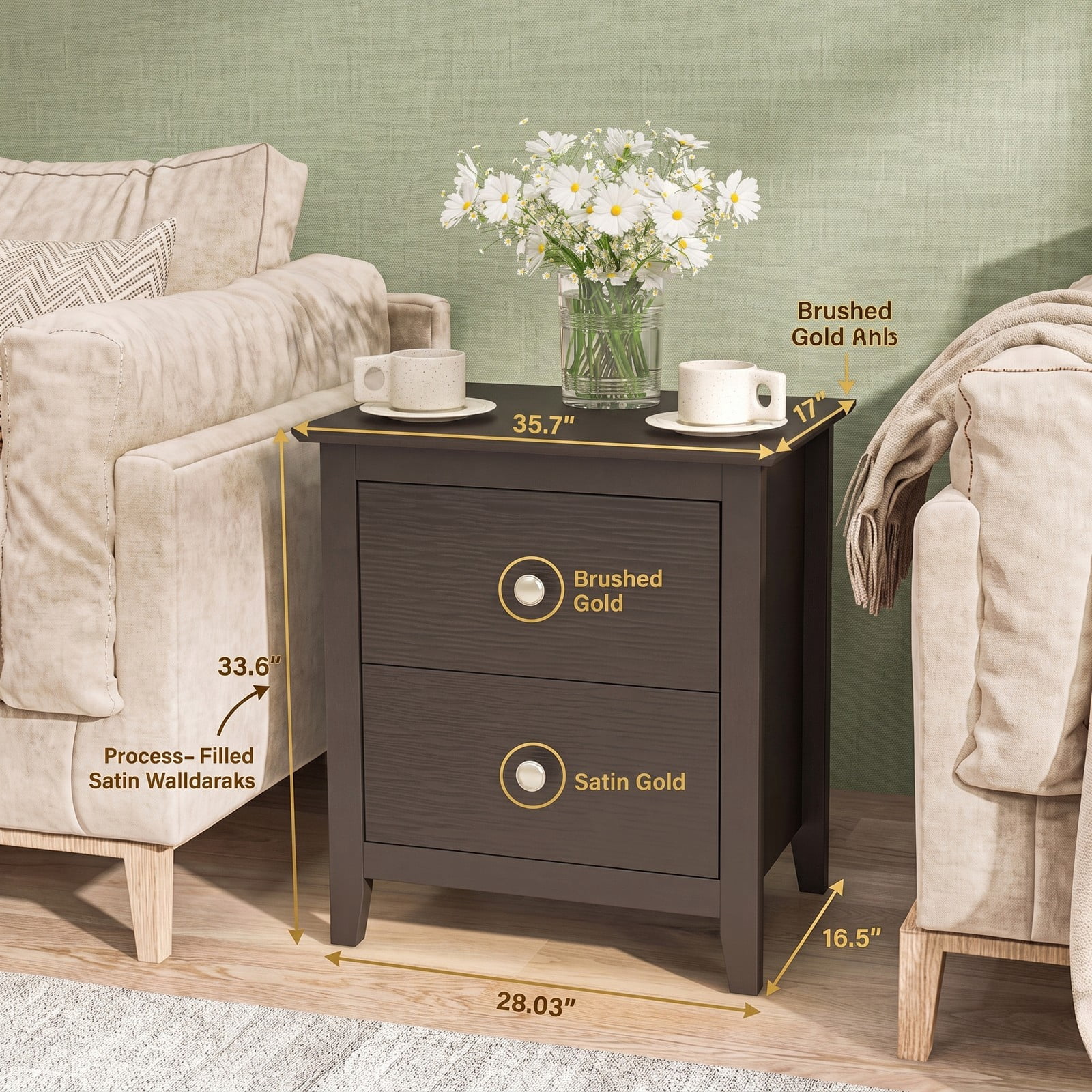 Furnibear Modern 2-Drawer Nightstand for Small Spaces with Sleek Metal Handles and Smooth Slides for Bedroom and Living Room, Espresso
