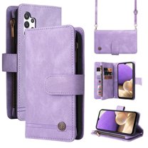 Feishell for Samsung Galaxy A32 5G 6.5 inch Zipper Wallet Case with Wrist Strap & Shoulder Strap,Premium PU Leather Magnetic Clasp Flip Holder Card Slots Crossbody Phone Case for Women Men,Purple