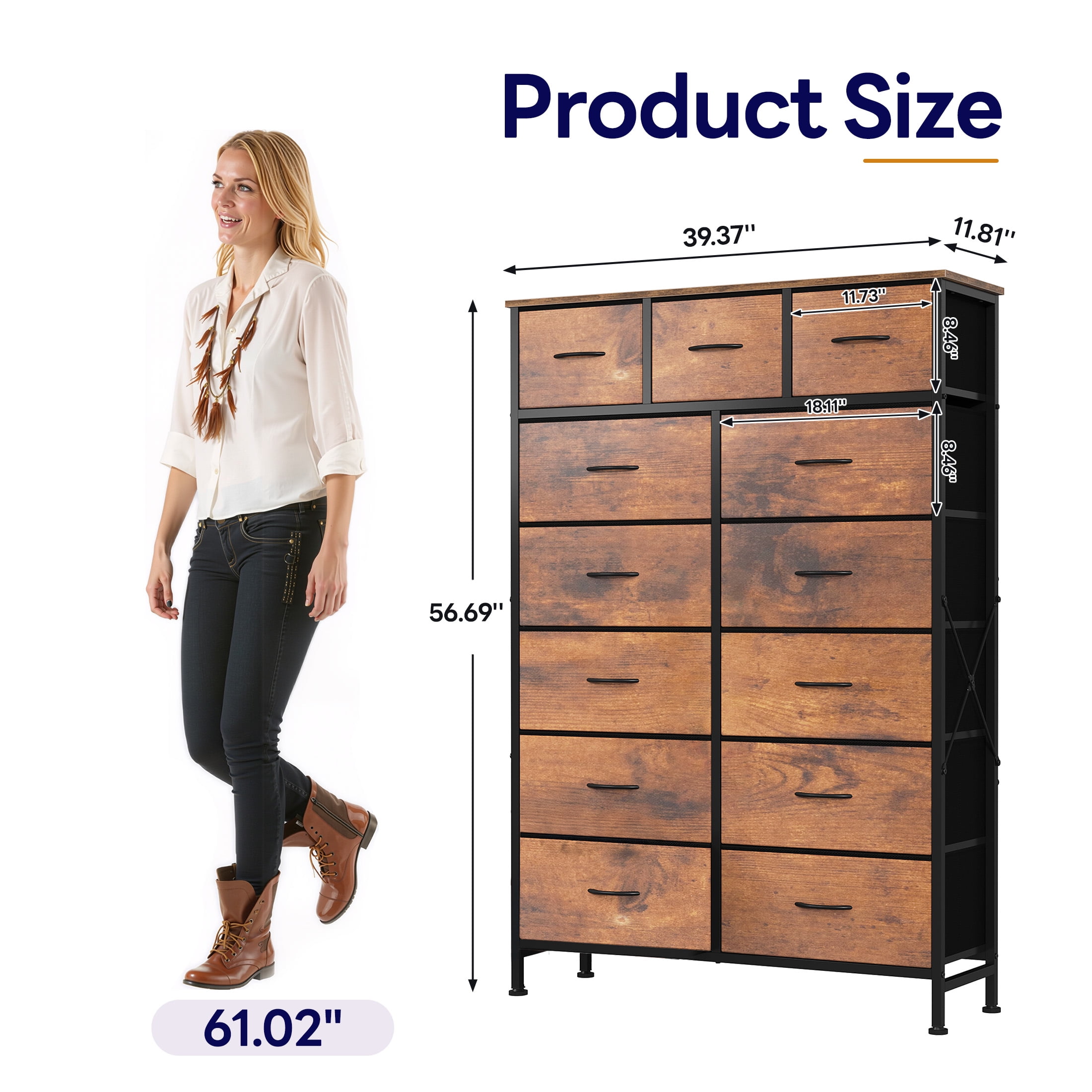 edx 13-Drawer Fabric Dresser, Sturdy Steel Frame Storage Cabinet for Bedroom Closet Clothes, Rust