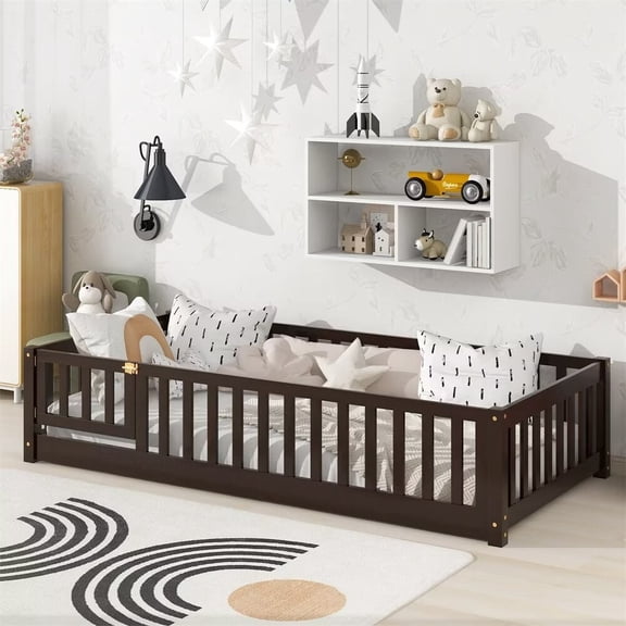 Twin Floor Bed Frame, Wooden Montessori Bed with 7 Wood Slats, Fence-Shaped Guardrails and Door, No Box Spring Needed, Espresso