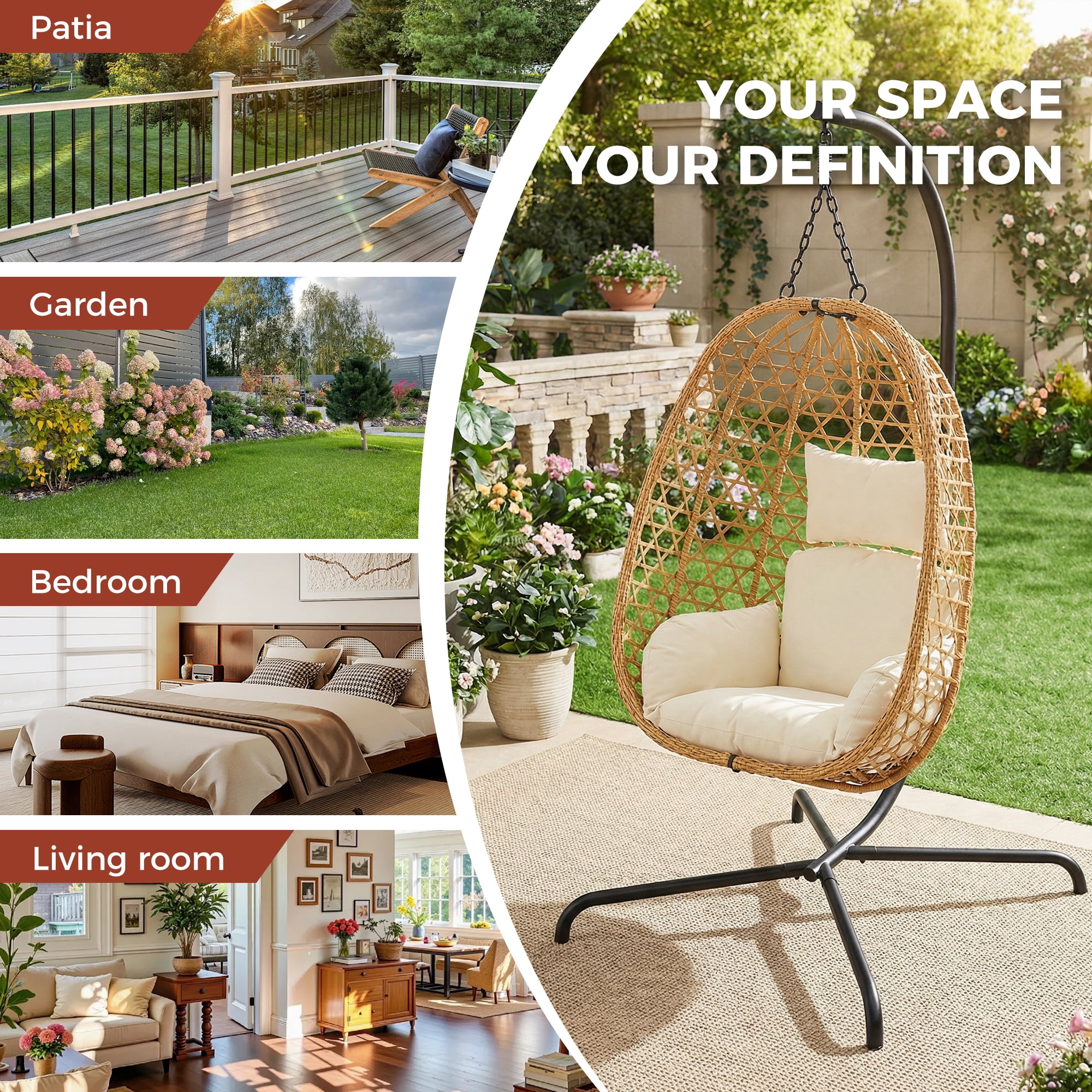 Wicker Egg Chair with Metal Stand, 350LBS Capacity Hanging Hammock Swing Chair, Ergonomic PE Rattan Lounge Chair Indoor Outdoor for Bedroom Balcony Patio Garden