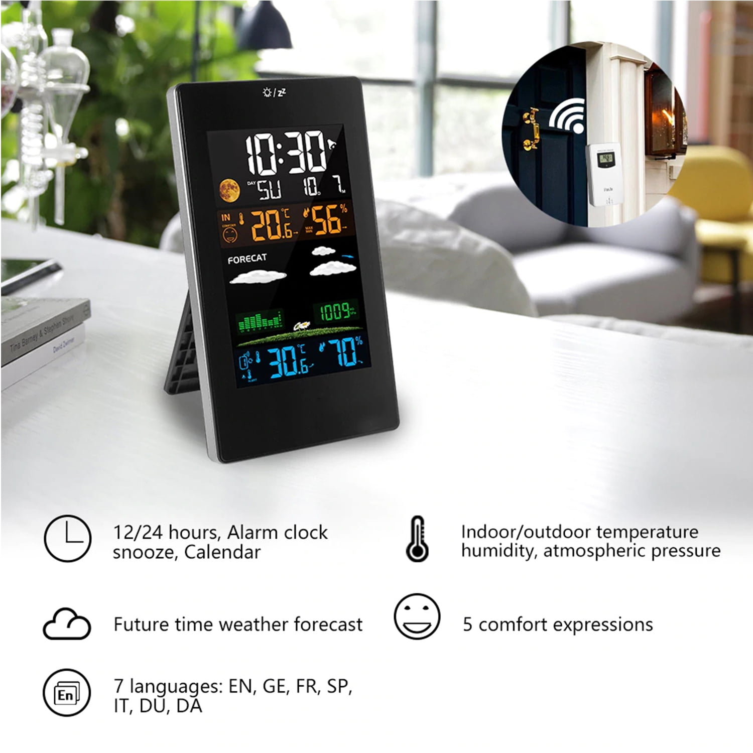 4 Backlig \u0026 Weather Station Indoor Outdoor Weather Forecaster with Sensor Digital Thermometer Hygrometer Monitor with Alarm Clock Moon Phase Adjustablt Backlight Mode