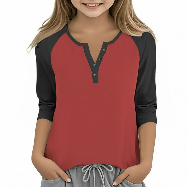 Cowsor Girl's Casual 3/4 Sleeve T Shirts Button V Neck Tunic Blouses Color Block Basic Tee Tops Loose Fit Summer Shirt