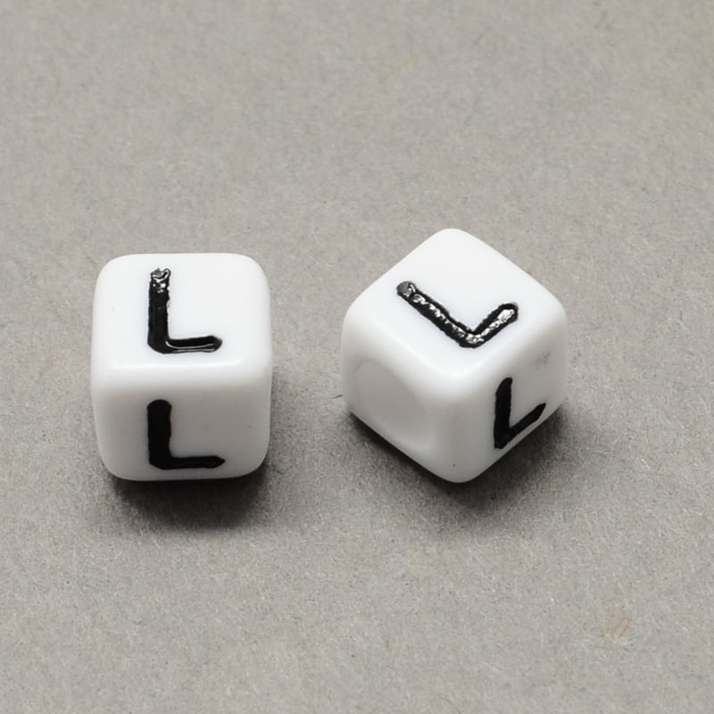 500gs Large Hole Acrylic Letter European Beads Horizontal Hole White & Black Cube with Letter.L 6x6x6mm Hole: 4mm about 2950pcs/500g