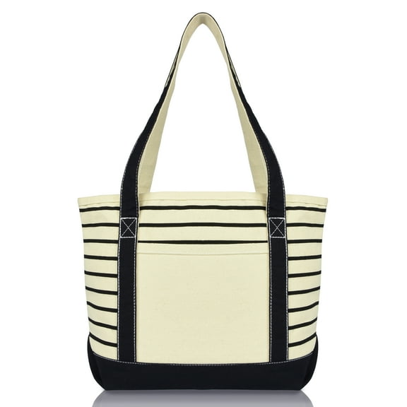 DALIX Women's Small Stripe Tote Deluxe Shoulder Bag Cotton Canvas in Black