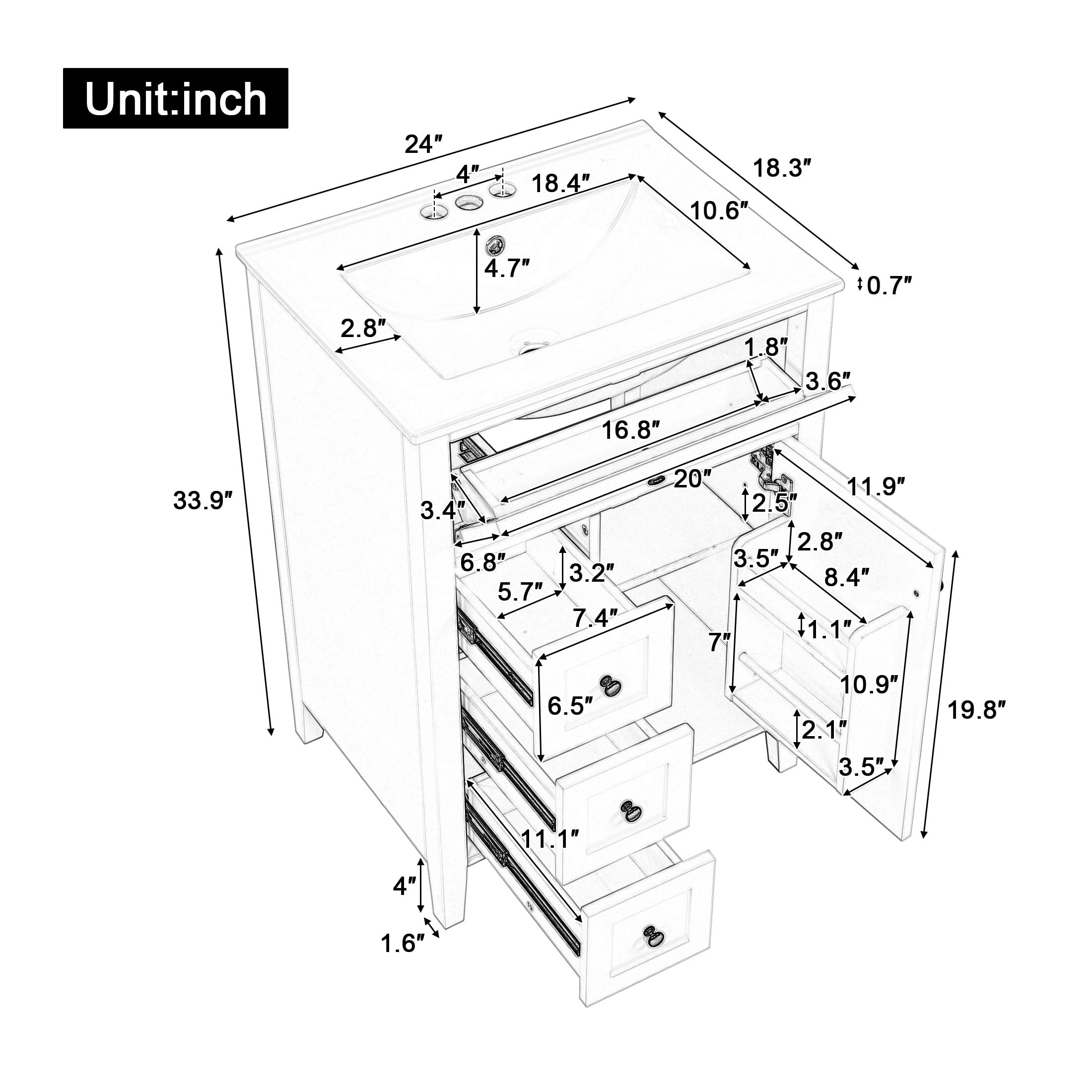 GDF Studio 24" Bathroom Vanity with Sink, 3 Drawers, Storage Cabinet, Adjustable Shelves, Modern Design, White