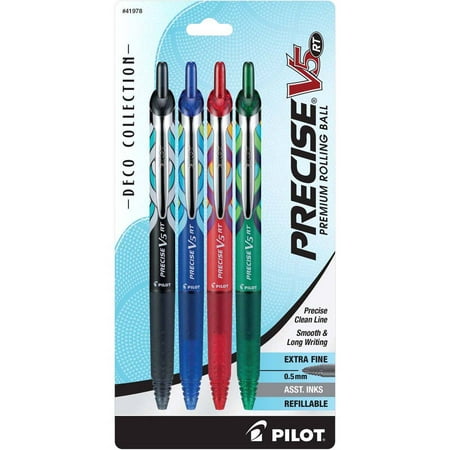 Pilot Precise V5 RT Premium Rolling Ball Pens, Extra Fine Point, Assorted Barrels, Assorted Inks, 4/Pack