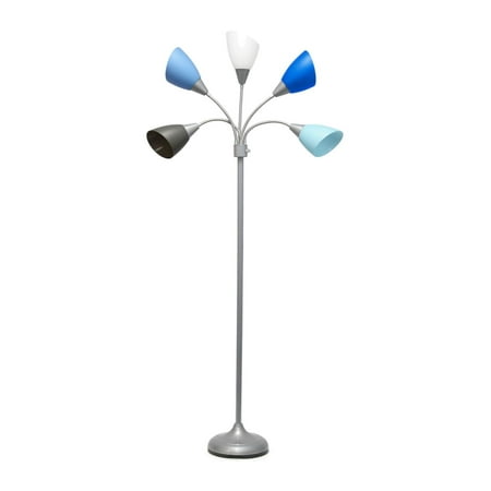 Simple Designs 67" Contemporary Multi Head Medusa 5 Light Adjustable Gooseneck Silver Floor Lamp With Blue, White, Gray Shades