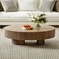 thumbnail image 2 of Oval Coffee Table for Living Room, Modern Fluted Wood Center Table with Walnut Finish, Olive-Shaped Drum Coffee Table for Apartment, Office, Easy Assembly, 2 of 10