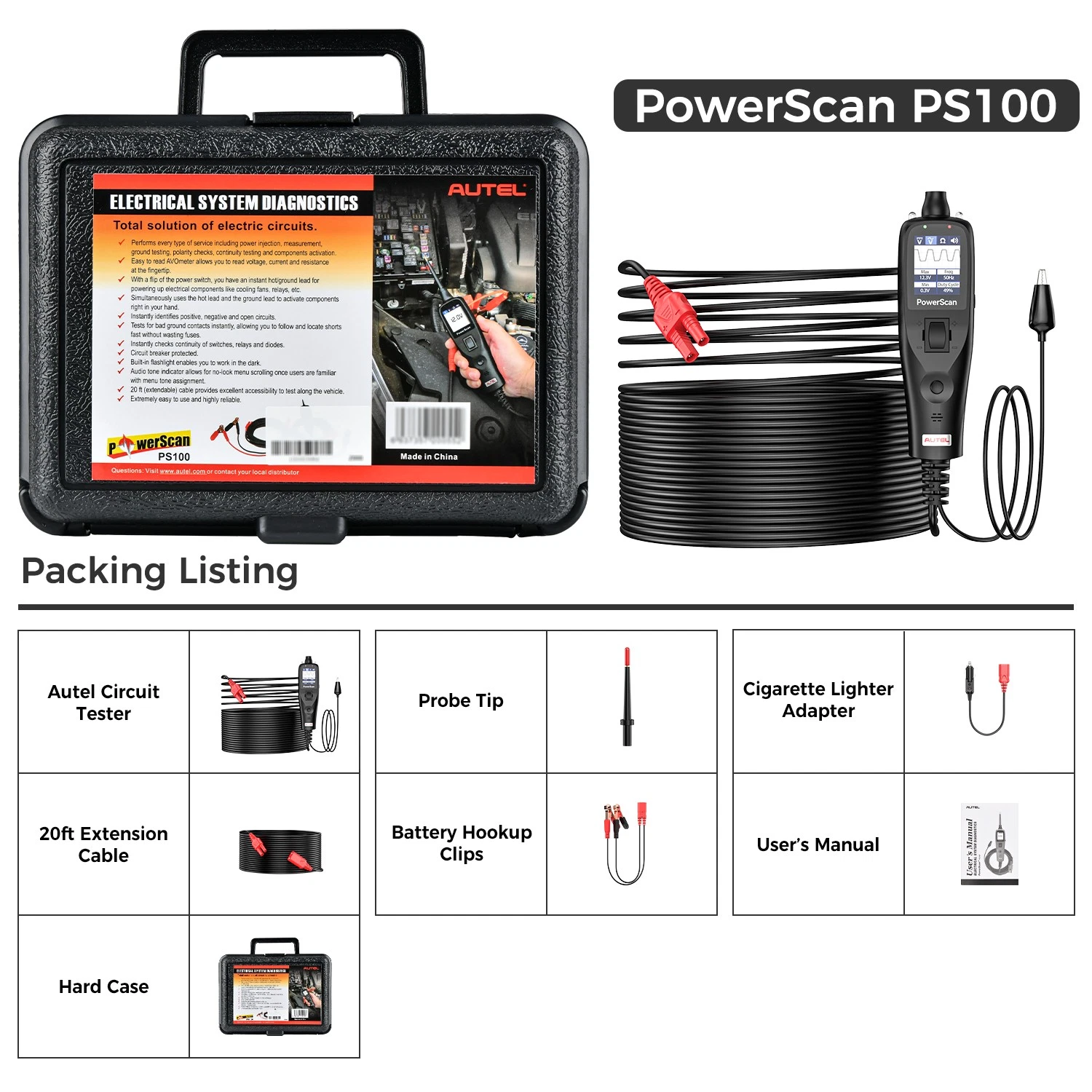 Autel PowerScan PS100 Power Circuit Probe Kit, 2026 Advanced Electrical Wire Tracer Circuit Relay Tester, Breaker Short Finder Tool, Activate Component Check Ground, Read AC DC Resistance, 40ft Cable