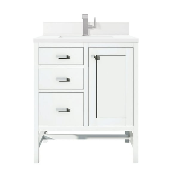 James Martin Vanities 30" Single Vanity, Glossy White w/ Single Hole 3 CM White Zeus Quartz Top