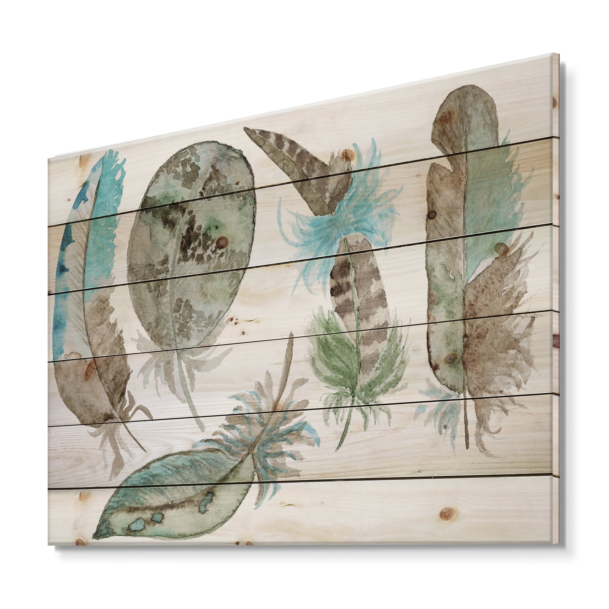 Designart 'Green Feathers Set On White' Bohemian & Eclectic Print on Natural Pine Wood