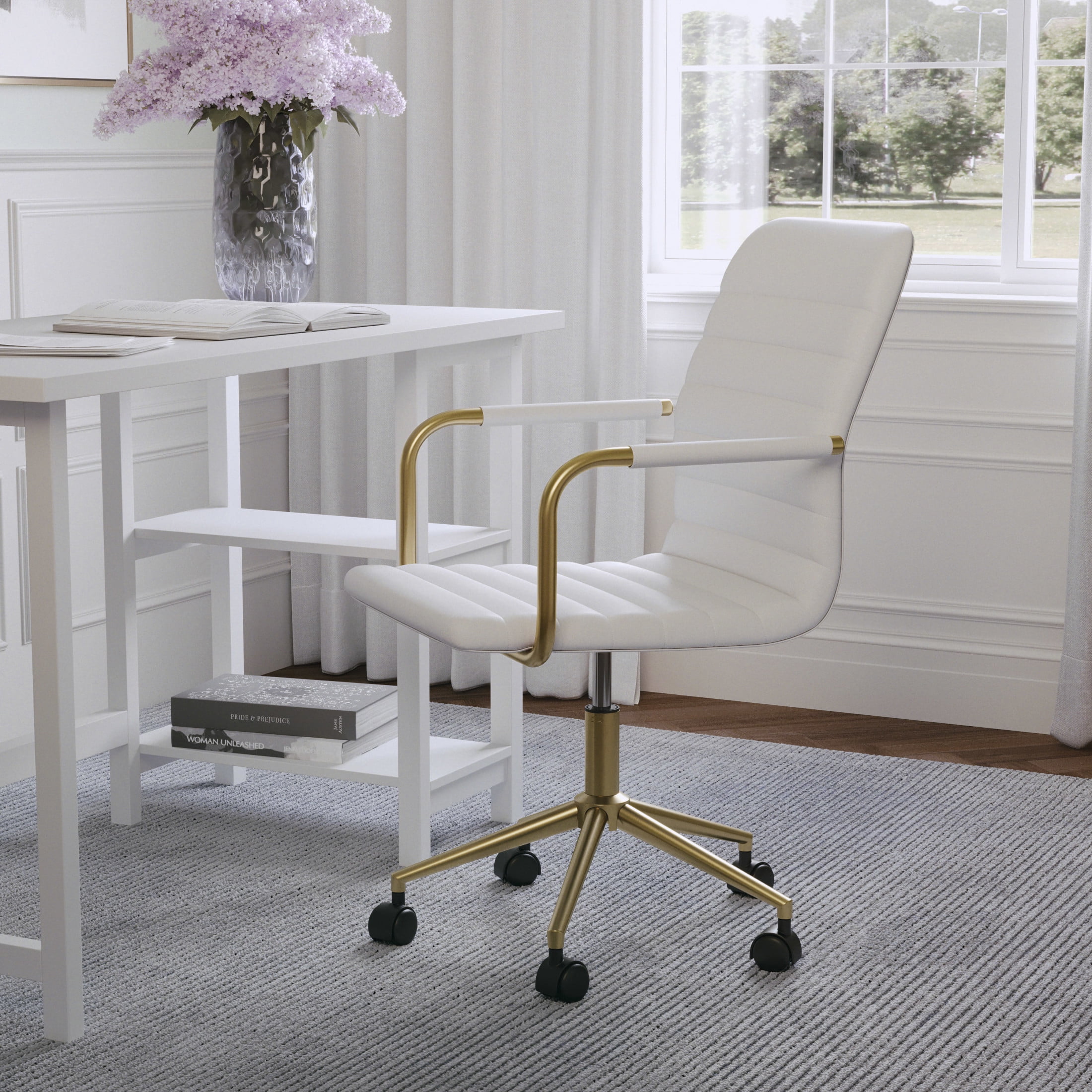 Martha Stewart Taytum Upholstered Office Chair in White/Polished Brass