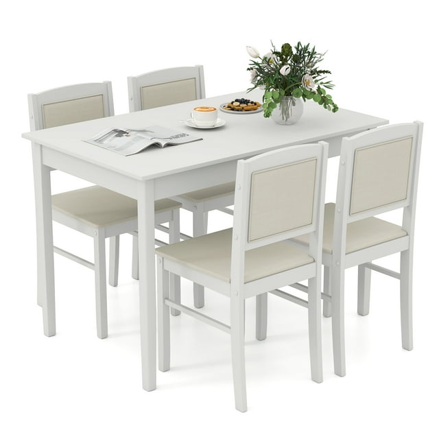 Gymax 5 PCS Dining Table Set for 4 w/Rubber Wood Legs Upholstered Seat Padded Backrest Beige