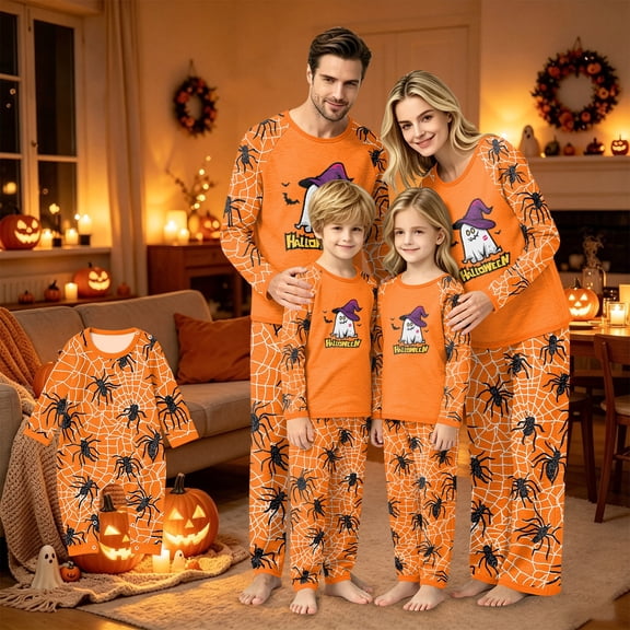 Family Halloween Pajama Set Long Sleeve Crew Neck, Soft Halloween Family Pajamas with Ghost Witch Hat Spider Web Print, Spooky Matching Halloween Pajamas Sleepwear