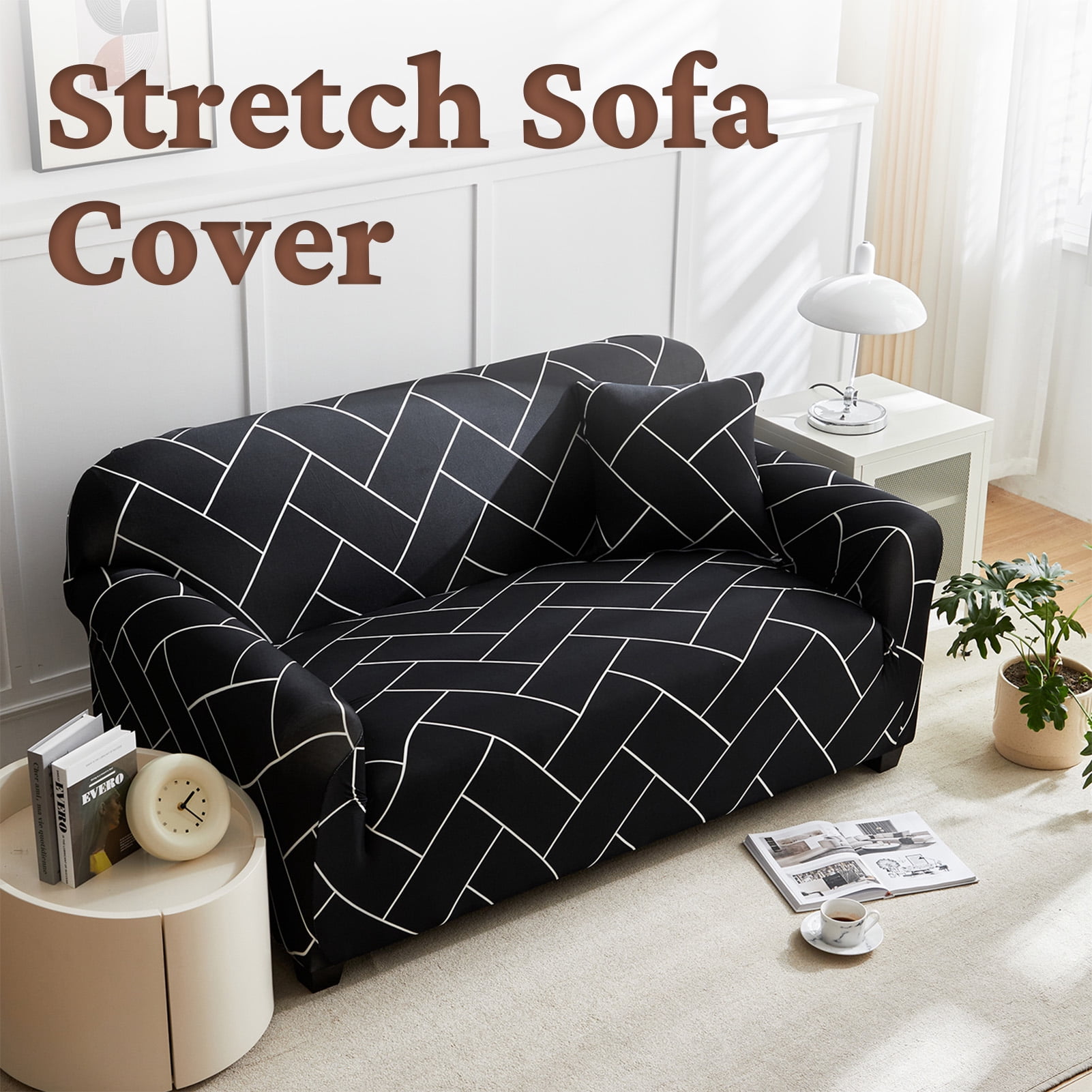 HonorHut Patterned Couch Cover High Strength Stretch Sofa Cover 4 Seater Printed Washable Slipcovers Modern Fashion Universal Furniture Protector Black White
