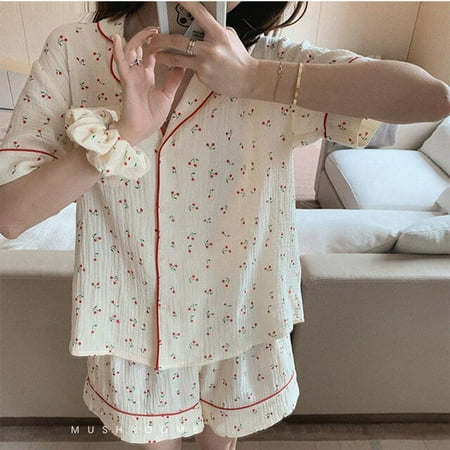 

CoCopeaunt Cotton Suits with Shorts Girl Korean Womens Pajamas Kawaii Pyjama Cherry Print Pijama Short Sleeve Sleepwear Nightie Pjs