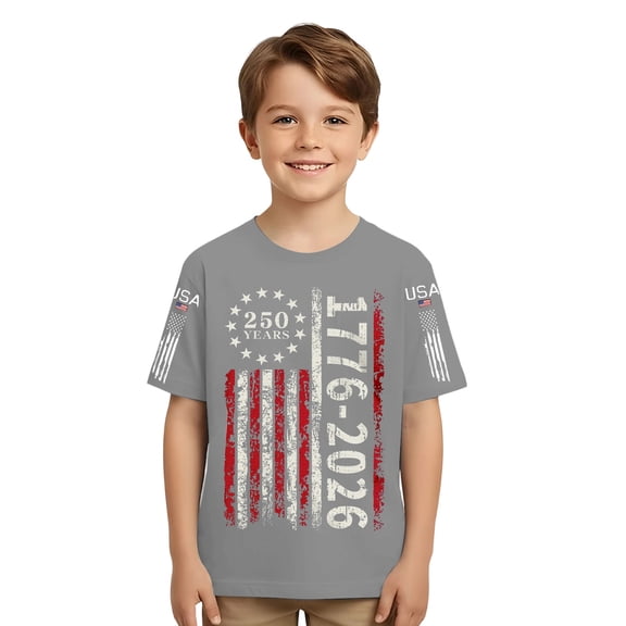 Boys’ 1776-2026 Distressed Flag T-Shirt, Independence Day Patriotic Kids Short Sleeve Tee