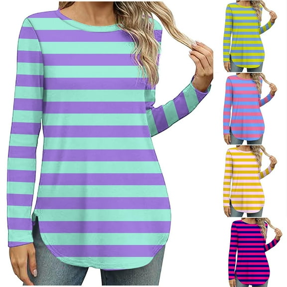 DDAPJ pyju Long Sleeve Striped Shirts for Women Fall Trendy Casual Blouses Loose Fit Crewneck Tunic Tops for Leggings Ofertas Hoy Liquidación Green S
